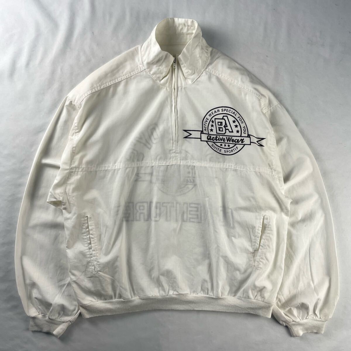 US Vintage 90s Unknown ハーフジップ バックプリント レトロ 短丈 ショート丈 アノラック ホワイト ブルゾン スウィングトップ ジャケット拍卖