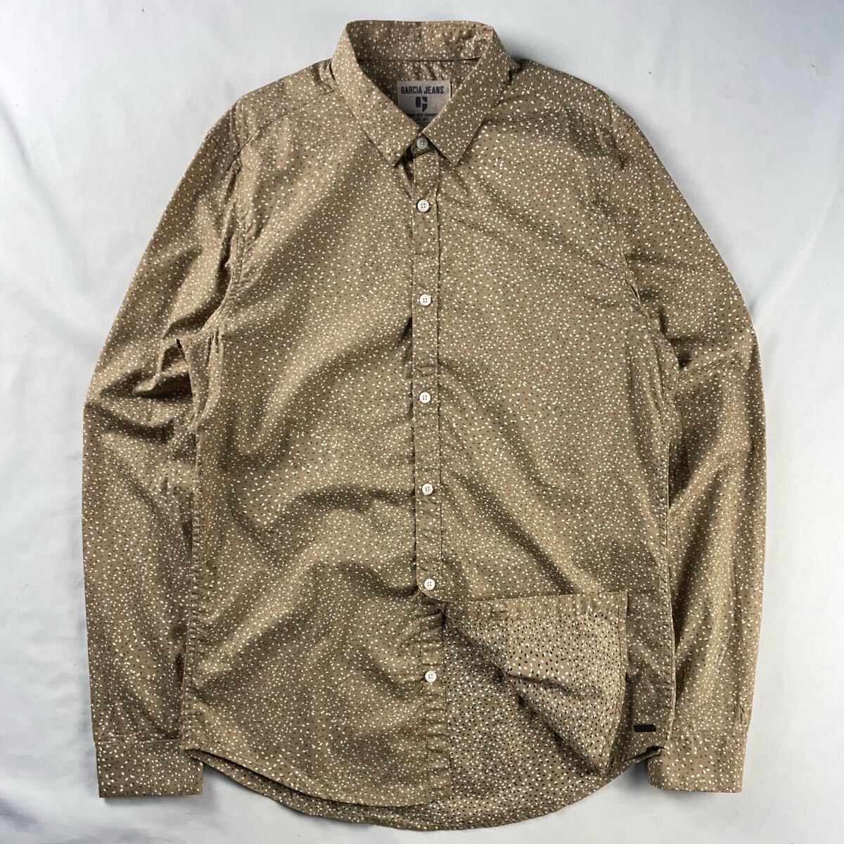 Euro Vintage 00s GARCIA JEANS コットン くすみカラー 幾何学模様 ポップアート メタルパッチ ブラウン 総柄 デザインシャツ拍卖