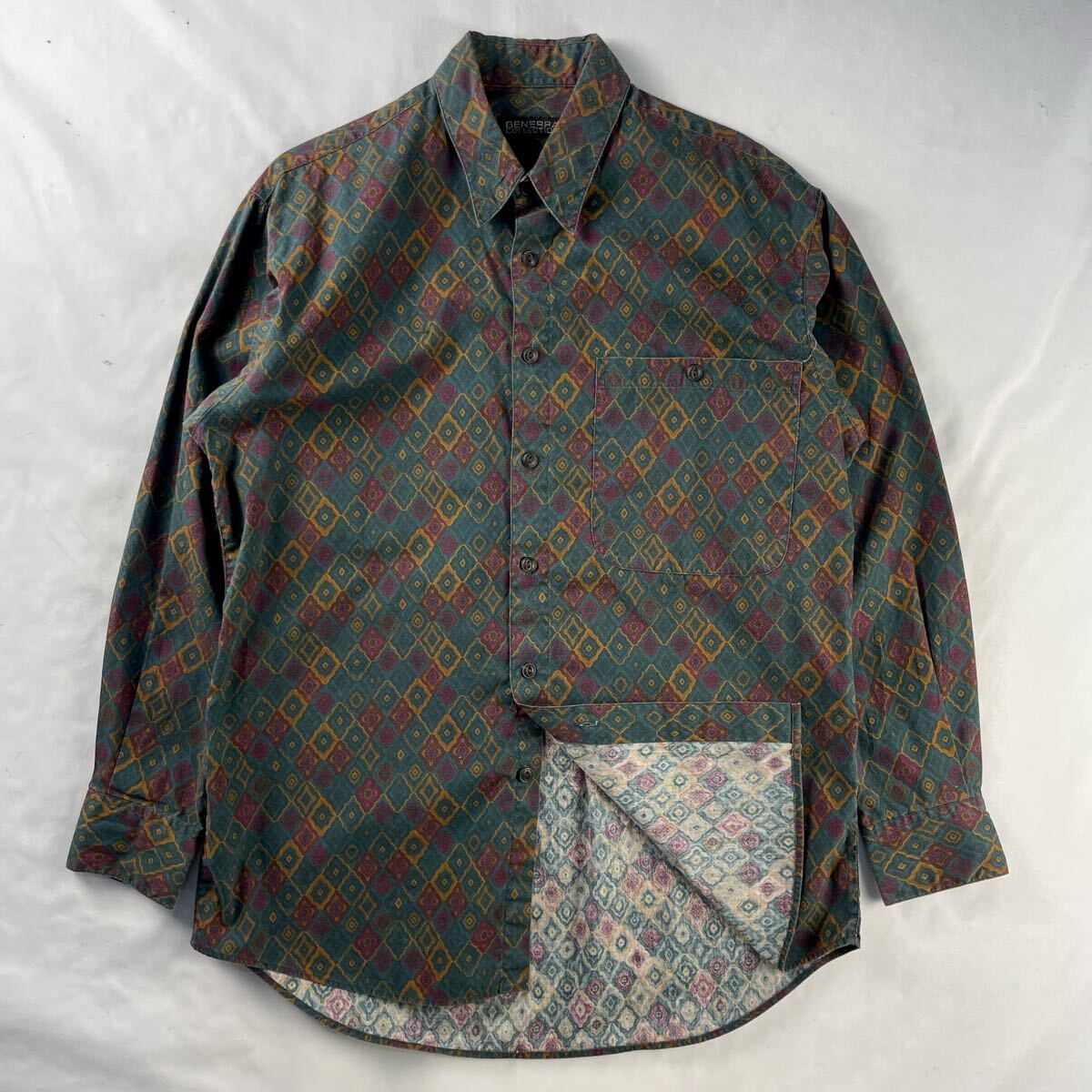 US Vintage 90s GENERRA COLLECTION コットン100% くすみカラー オーナメント 装飾 幾何学模様 アート レトロ 総柄 デザインシャツ拍卖