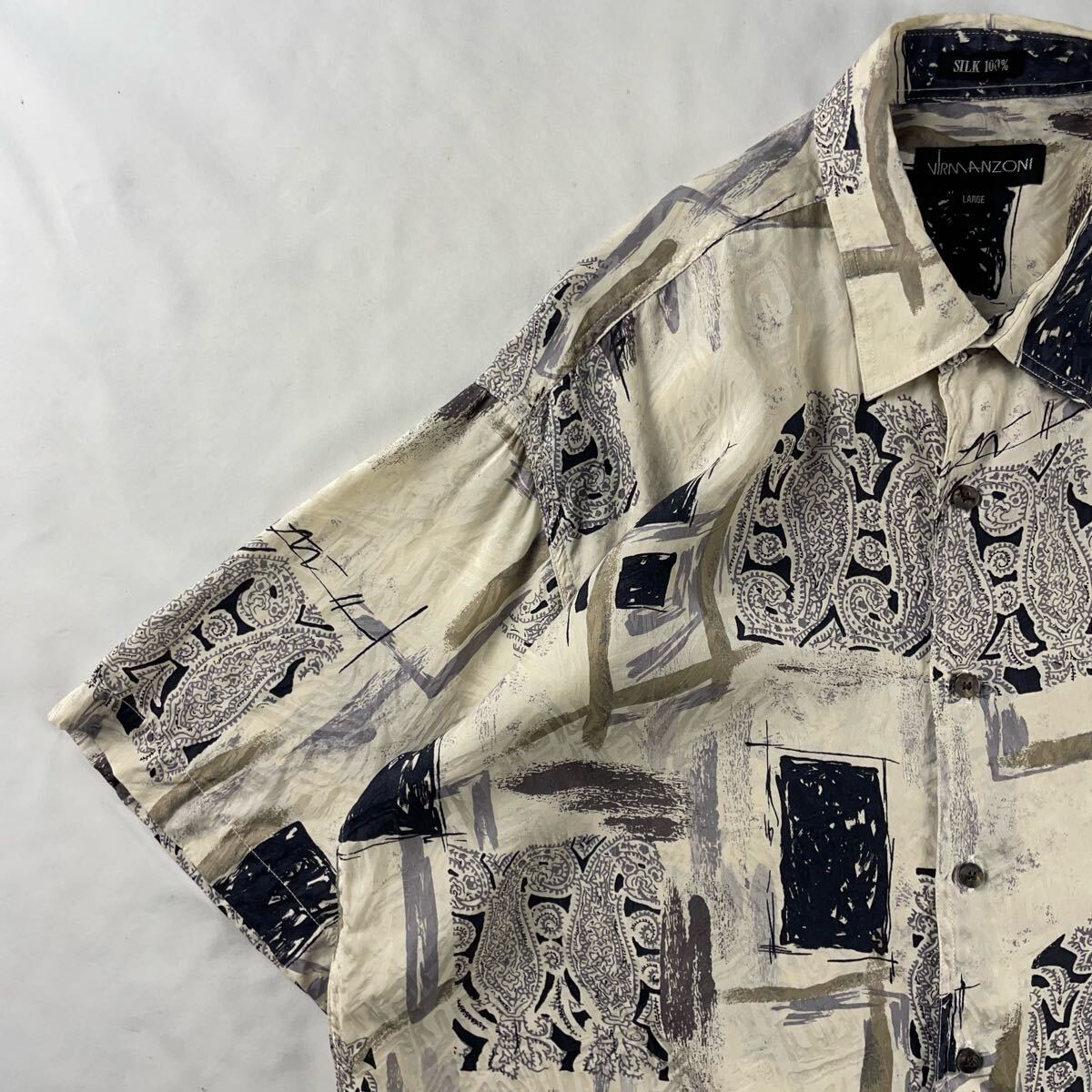 Vintage 80-90s VIRMANZONI シルク100% 光沢 ボタニカル ペイズリー アート クレイジーパターン 総柄 デザインシャツ拍卖
