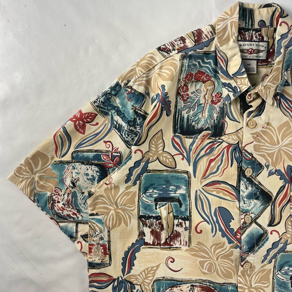 US Vintage アメリカ製 90s STRAIGHT DOWN コットン 好配色 ボタニカル ビーチ 水彩 アート ハワイアン アロハシャツ 総柄デザインシャツ拍卖