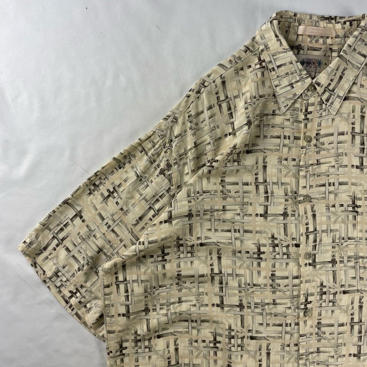 US Vintage 80s CAMPIA MODA レーヨン くすみカラー 笹 竹 バンブー柄 格子 和風 アジアン エスニック 総柄シャツ ハワイアン アロハシャツ拍卖