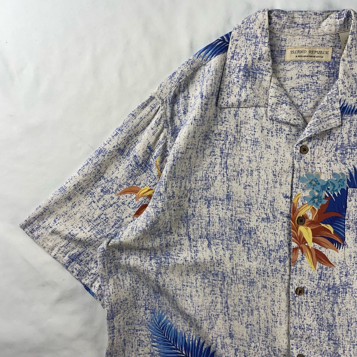 US Vintage 90s ISLAND REPUBLIC シルク レーヨン 開襟 オープンカラー 民族 ハイビスカス リーフ ボタニカル ハワイアン アロハシャツ拍卖