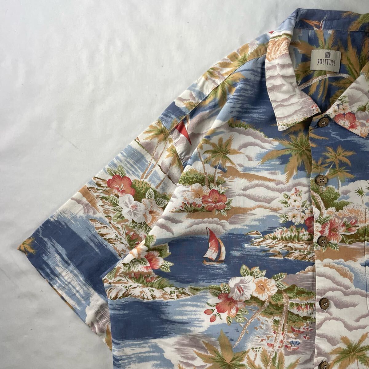 US Vintage アメリカ製 90s SOLITUDE コットン レーヨン ビーチ ハイビスカス パーム 水彩 ペールカラー 総柄 ハワイアン アロハシャツ拍卖