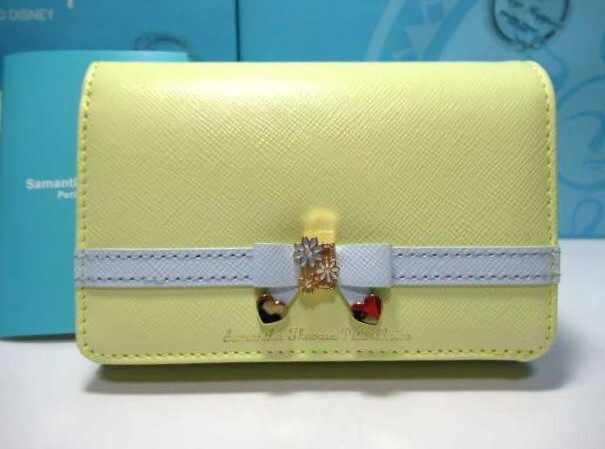 送料無料 40%引 サマンサタバサ ラッピング お花 リボン 牛革 二つ折り財布 折財布 ミニ財布 イエロー ライトブルー 新品 証明書付 金運UP拍卖