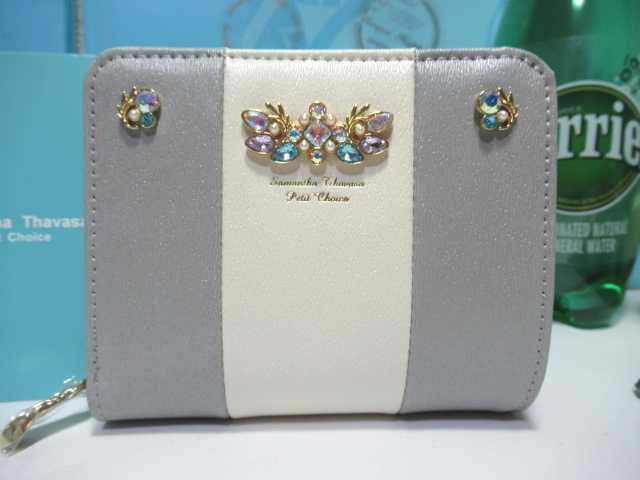 送料無料 35%引 サマンサタバサ 限定 キラキラ ビジュー付 ロゴ入 バイカラー 牛革 二つ折り財布 折財布 ミニ財布 グレー 新品 証明書付拍卖