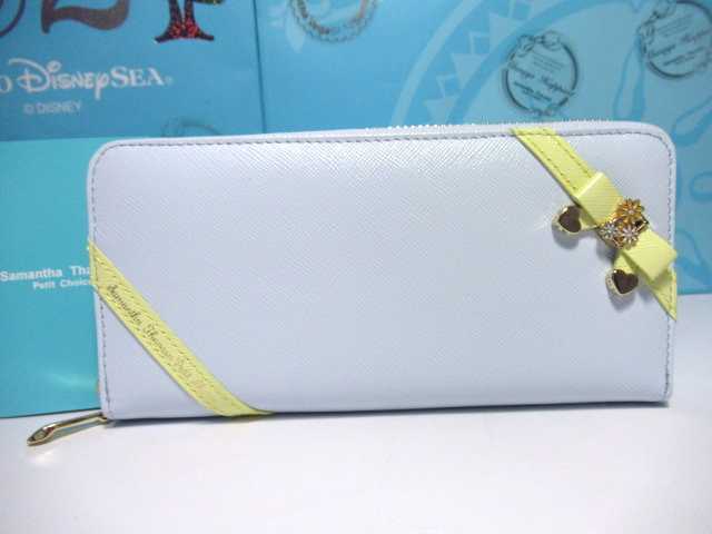 送料無料 35%引 サマンサタバサ ラッピング お花 リボン 牛革 ラウンドジップ ファスナー 長財布 ライトブルー イエロー 新品 証明書付拍卖