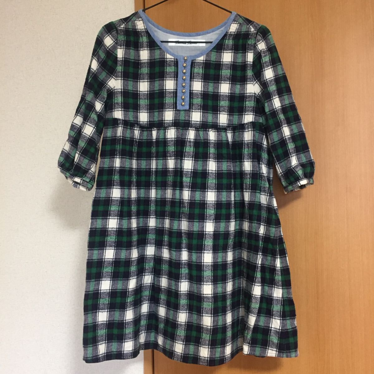 チェック柄チュニックワンピース:緑×青 カントリー 綿素材 S〜SSサイズ 七分袖 森ガール コットン 小柄な方 子供服にも 春服 秋服拍卖