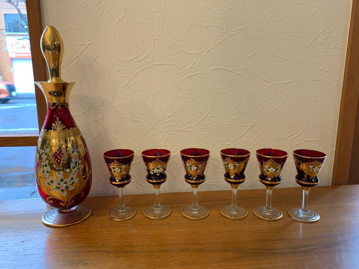 N03-24★ ベネチアングラス デキャンタ&グラスセット STAR HAND MADE 赤 ゴールド 金彩 花紋 拍卖
