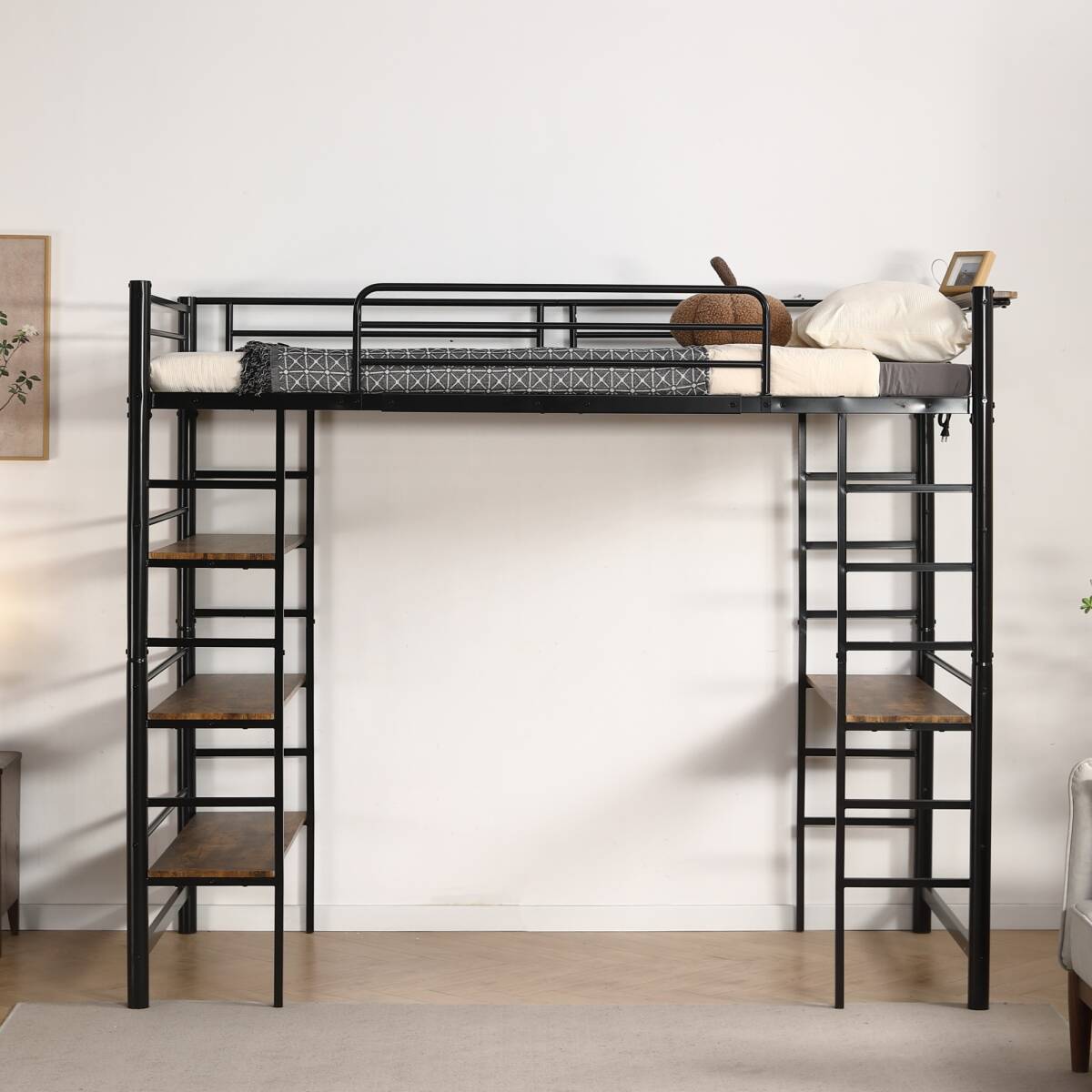 ロフトベッド シングル パイプベッド 収納棚 デスク付き 北欧風 収納 子供ベッド パイプ 金属 はしご 拍卖