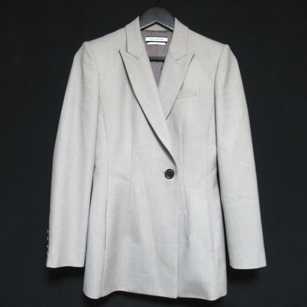 美品 FOXEY NEW YORK フォクシーニューヨーク コレクション ピークドラペル シングル テーラードジャケット 38255 38サイズ ベージュ拍卖