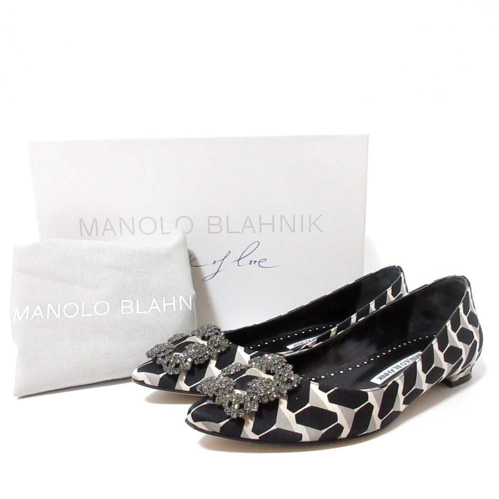 美品 MANOLO BLAHNIK マノロブラニク ハンギシ サテン ビジュー ポインテッドトゥ パンプス フラットシューズ 35 約22cm ブラック系拍卖