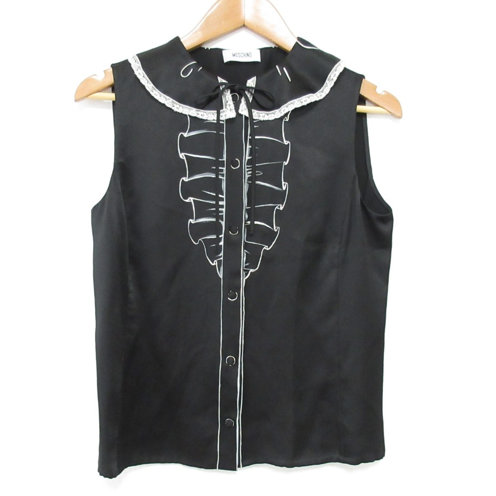 未使用 MOSCHINO モスキーノ トロンプルイユ シルク100% ノースリーブ ブラウス シャツ サイズ38 ブラック拍卖