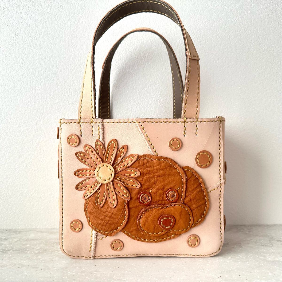 本革★パッチワーク★手縫い カバン お散歩バッグ ハンドメイド レザー プードル拍卖