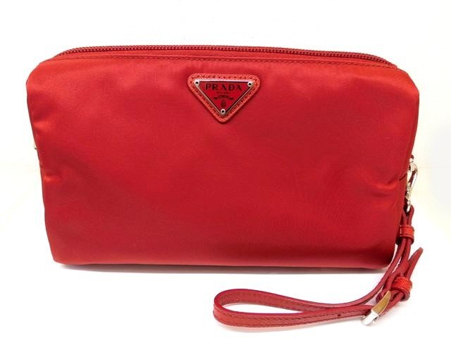 美品 プラダ 1NE693 ■ ストラップ付 ポーチ ナイロン 小物入れ レディース 赤 レッド系 コスメポーチ PRADA □7C拍卖