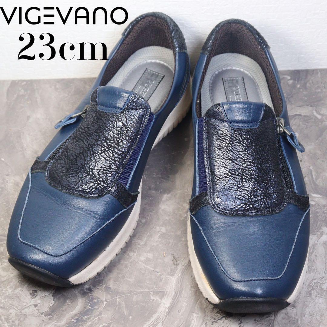 美品 VIGEVANO ネイビー スリッポン 23 サイドジップ ビジェバノ 4E拍卖
