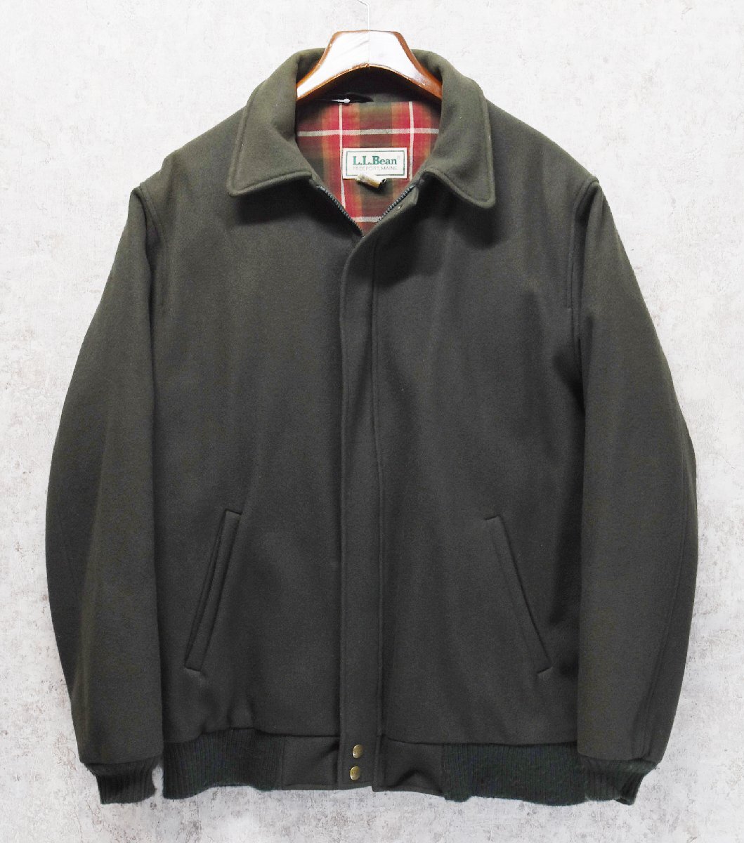 80's~【USA製】ビンテージ LLビーン 刻印ボタン【L.L.bean】オリーブ グリーン 裏地チェック ウールブルゾン L/EB0420-34-EB14 MA-1拍卖
