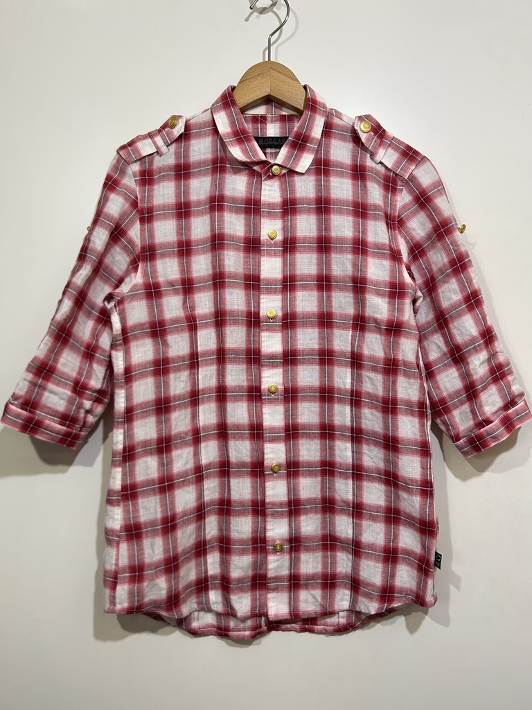 ★ MORGAN HOMME 七分袖 リネンシャツ 赤 白 オンブレチェック エポレット 袖ロールアップ M ゴールドボタン 麻100% 日本製拍卖