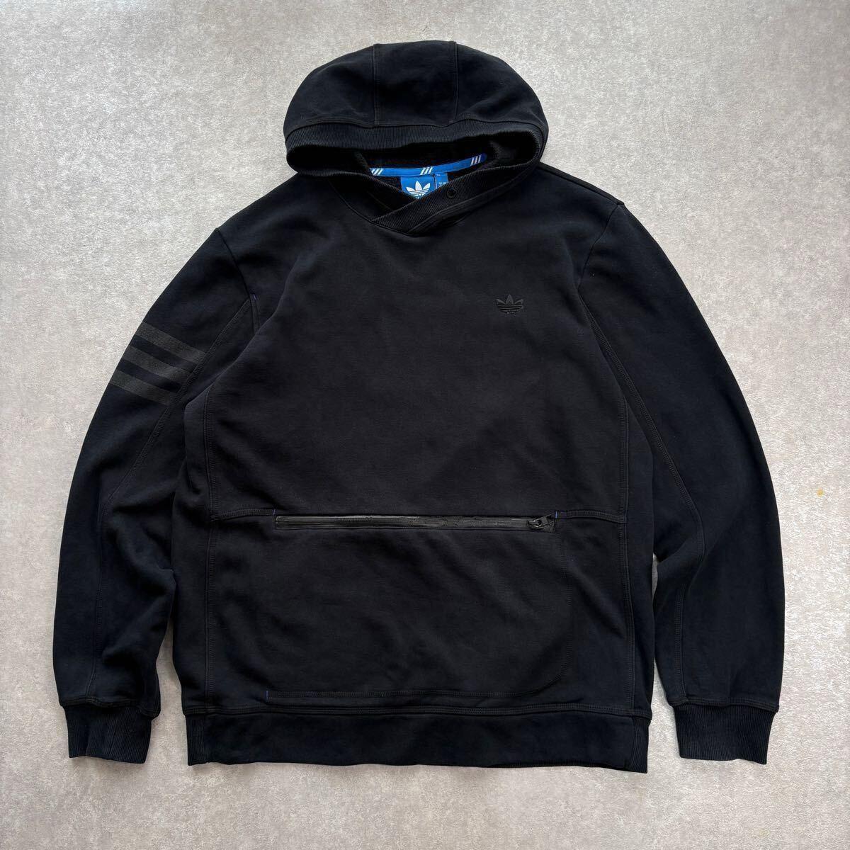 adidas プルオーバー パーカー トレフォイルロゴラバー 3本ライン フーディー 黒 US Lサイズ拍卖