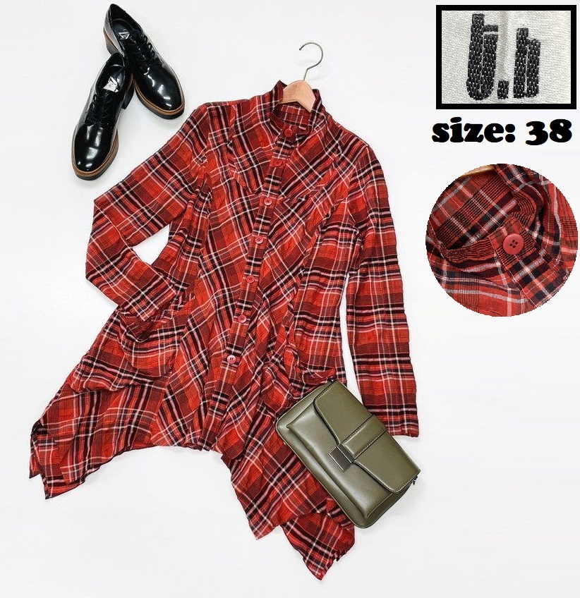 t.b【38】レッド チェック柄チュニックシャツ 長袖トップス レディース生地ナイロンコットン混 変形ヘム マツオ センソユニコ ティー・ビー拍卖