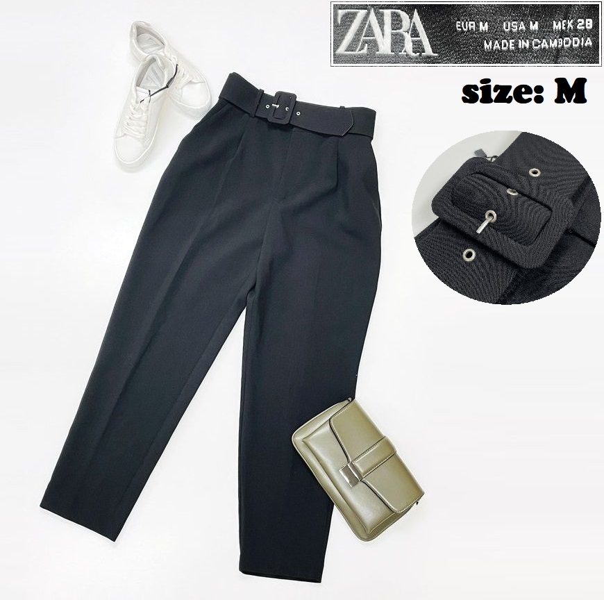ZARA /M/ ブラック テーパードパンツ レディース ベルト オフィスカジュアルボトム ホワイトロゴ 大人可愛い フォーマル アクセサリー ザラ拍卖