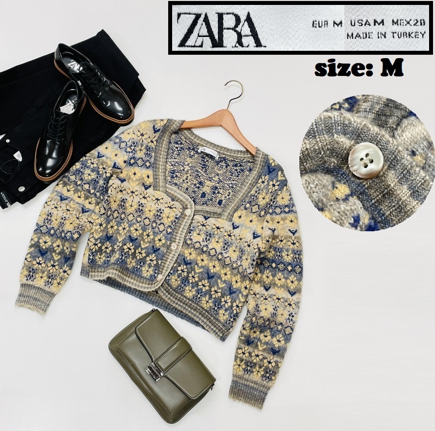 ZARA /M/ ベージュ系 カーディガン 長袖ニットセーター トップス レディース ホワイトタグカジュアル ブルー系生地ナイロンアクリル混 ザラ拍卖