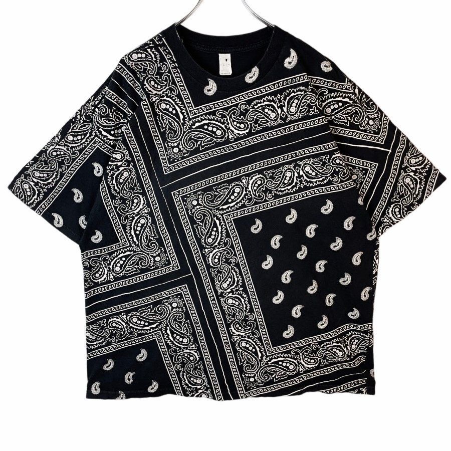 ヴィンテージvintage半袖Tシャツ総柄バンダナ柄ペイズリー柄ブラック黒ホワイト白41219拍卖
