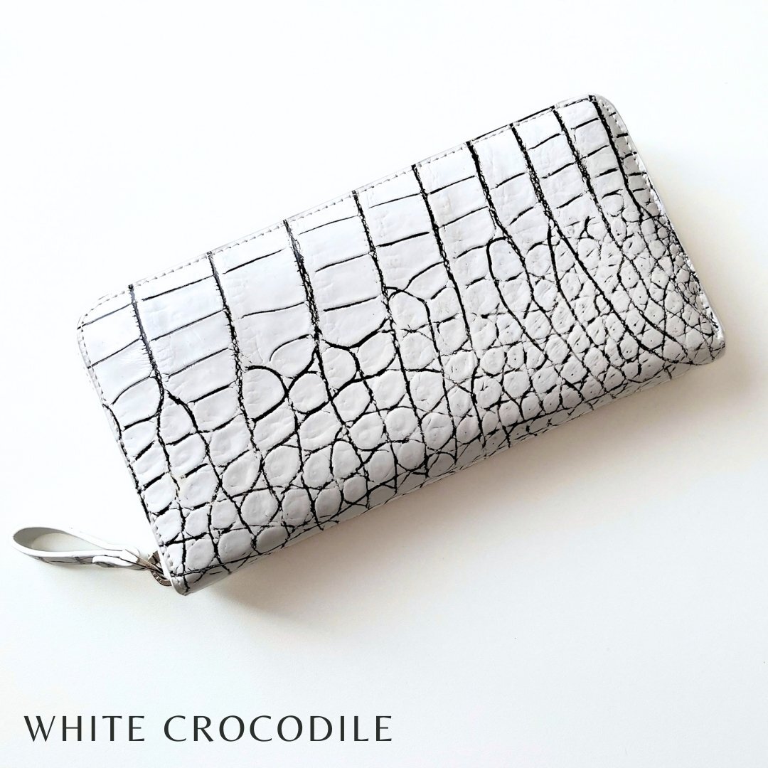 クロコダイル 財布 目地染め ホワイト 白 長財布 鰐革 ワニ革 高級革 ラウンドファスナー 本革 メンズ レディース拍卖