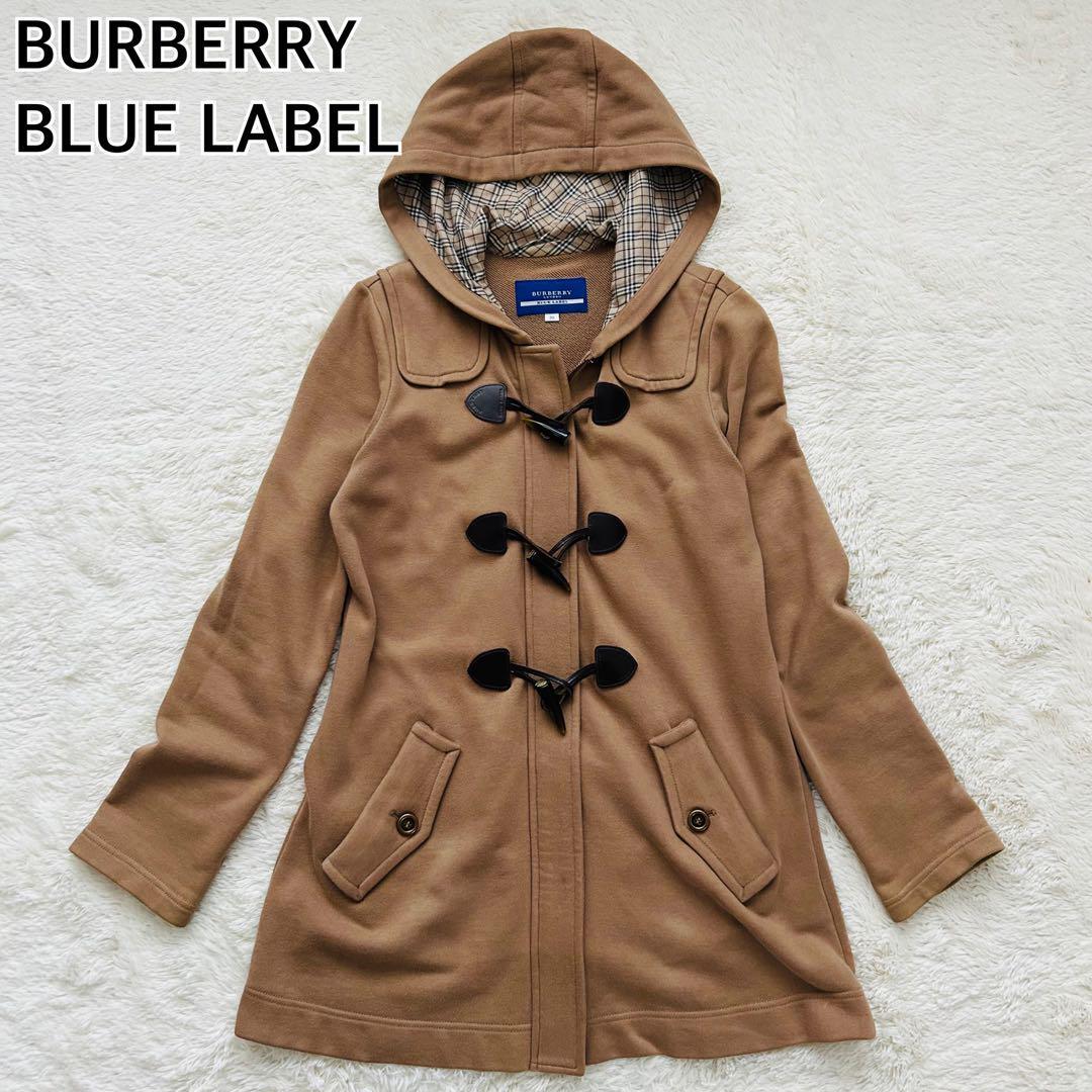 BURBERRY BLUE LABEL バーバリーブルーレーベル スウェット ダッフルコート ノバチェック ベージュ レザー ロゴ刻印 38 Mサイズ拍卖