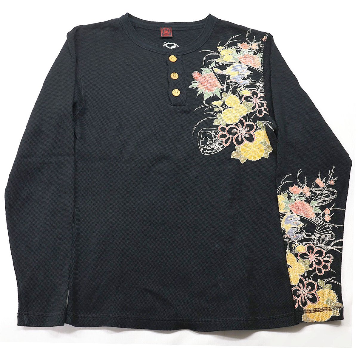 CROPPED HEADS (クロップドヘッズ) HENLEY NECK THERMAL TEE / ヘンリーネック サーマルシャツ 美品 ブラック size M / 和柄 / ワッフル拍卖