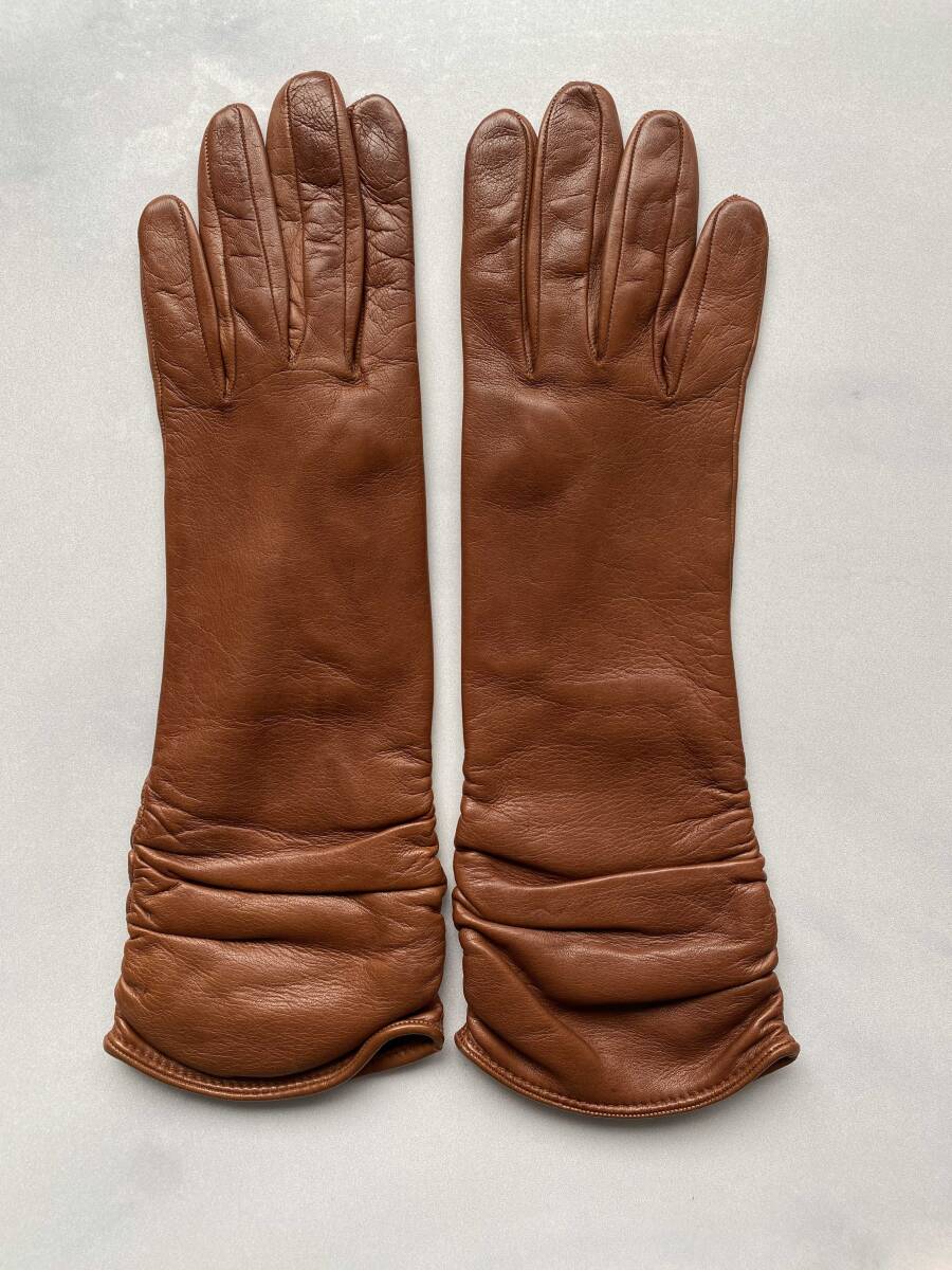 【美品】ACOSTA レディースサイズ レザー セミロンググローブ ブラウン 革手袋 サイズ7 シルク裏地拍卖