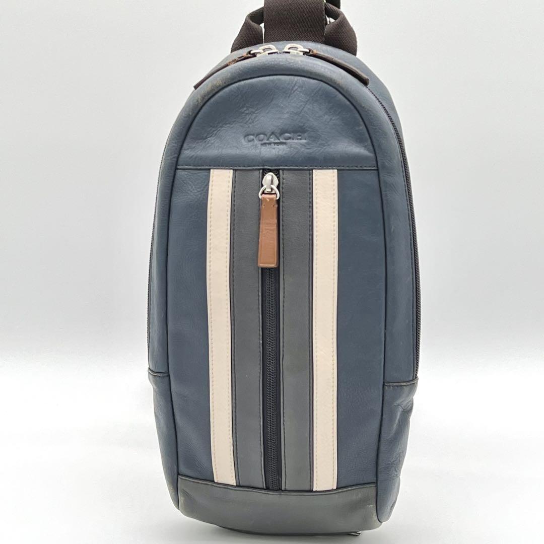 【良品】COACH コーチ ヘリテージ スリングバッグ ボディバッグ ワンショルダーバッグ ビンテージ メンズ レディース ブルー系 DJ001220拍卖