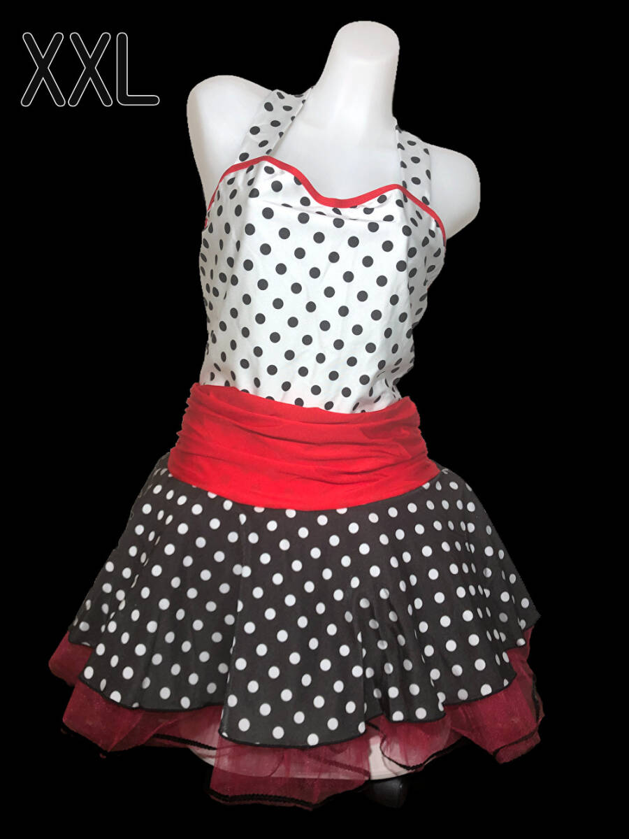 新品 バレエ レオタード 水玉スカート レッド ホルタートップ チュチュ チュールスカート付き4層 モダンダンス 大人XXLサイズ拍卖
