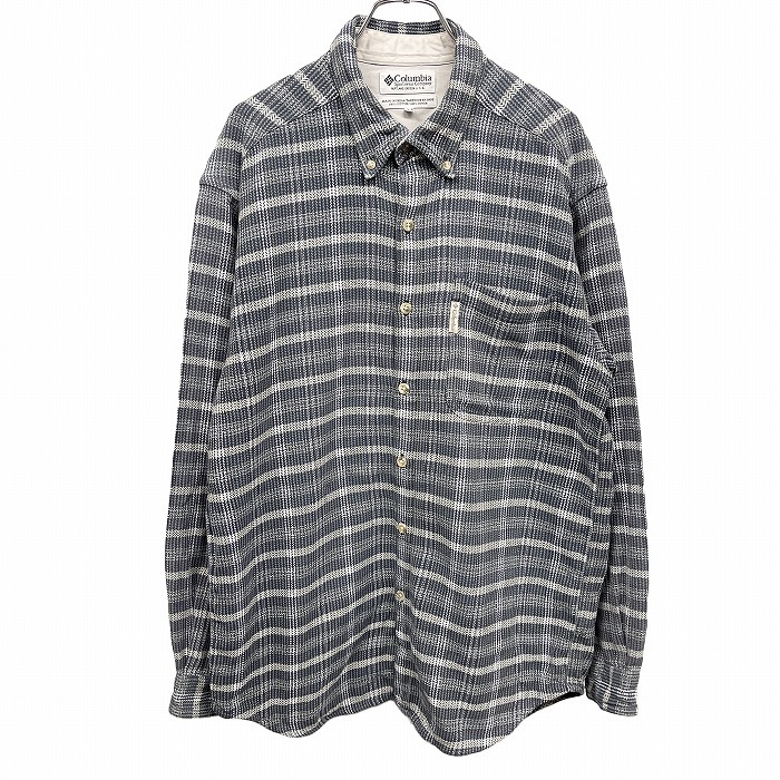 コロンビア Columbia 若干厚みあり シャツ ヘリンボーン×チェック ボタンダウン 長袖 ポケット 綿100% M ネイビー 紺×緑系×白 メンズ拍卖