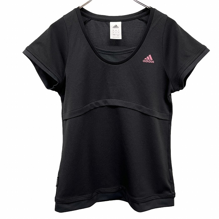 アディダス adidas Tシャツ スキニーフィット ロゴプリント 半袖 スポーツ ポリエステル100% XL LL (OT) ブラック 黒×ピンク レディース拍卖