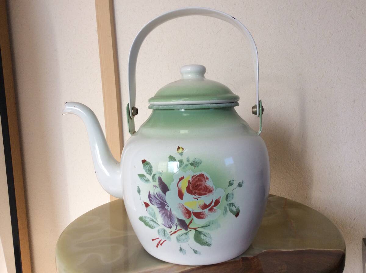 即決 難あり 幻の逸品 イマン プリンセスローズ ミントグリーン ホーローケトル ホーローはげや汚れ有 協和工業製高級琺瑯 ゆうパック込拍卖