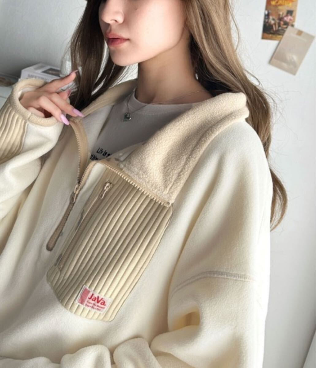 Javaトレーナー スウェット 「JaVa ジャバコラボ」エルボーパッチ ハーフジップ フリース プルオーバー レディース アイボリー Mサイズ拍卖