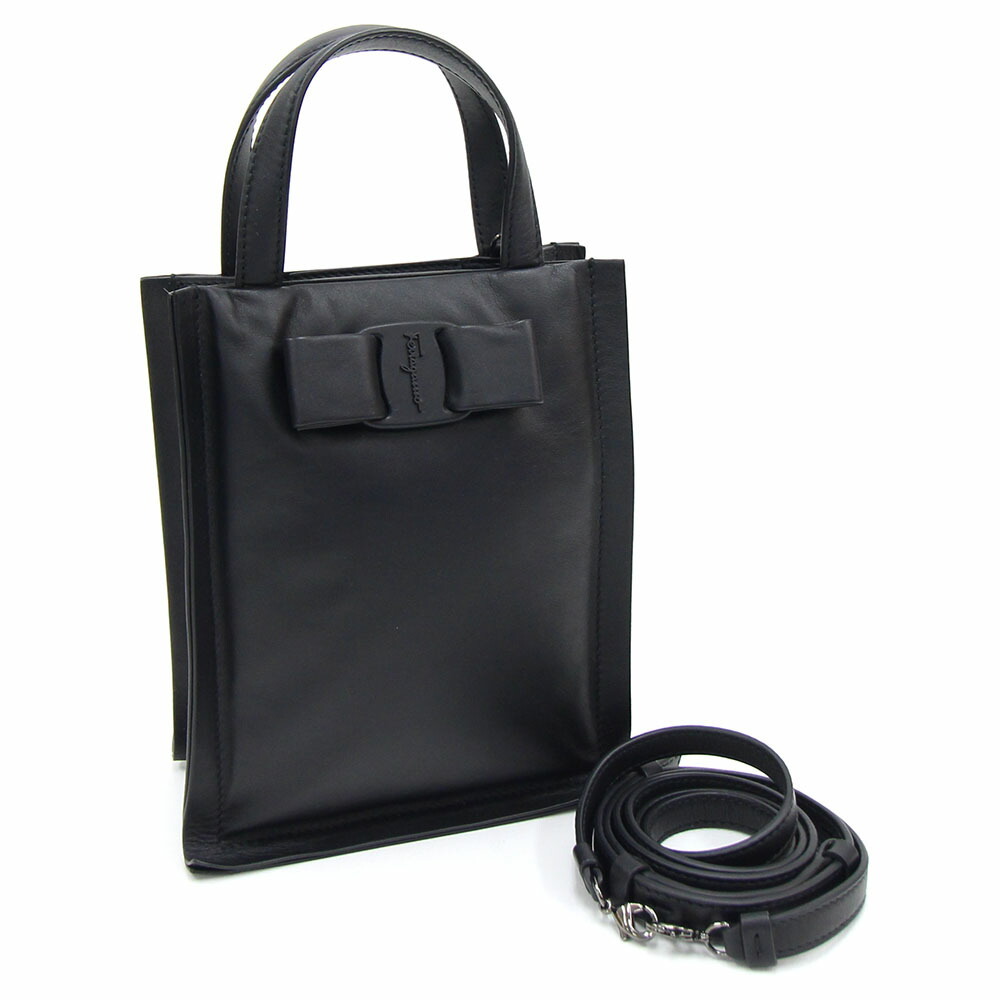 フェラガモ 2WAYハンドバッグ ヴァラ VIVA MINI 212988 ブラック レザー 中古 ミニバッグ リボン 斜め掛け拍卖