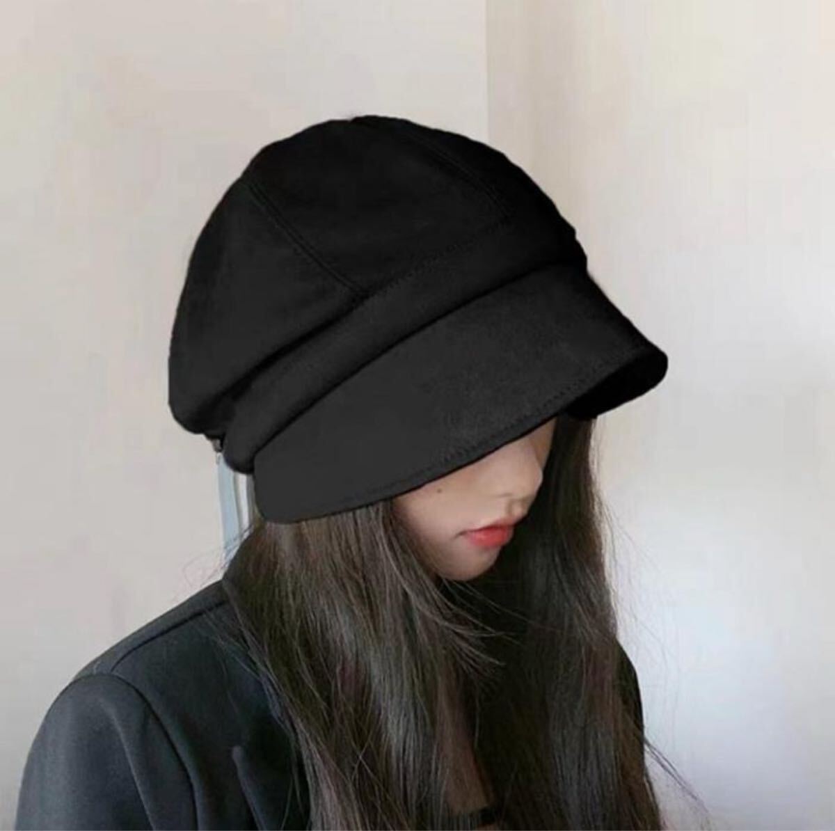 新品 小顔効果 キャスケット つば広 UVカット 日焼け防止 黒 ブラック拍卖