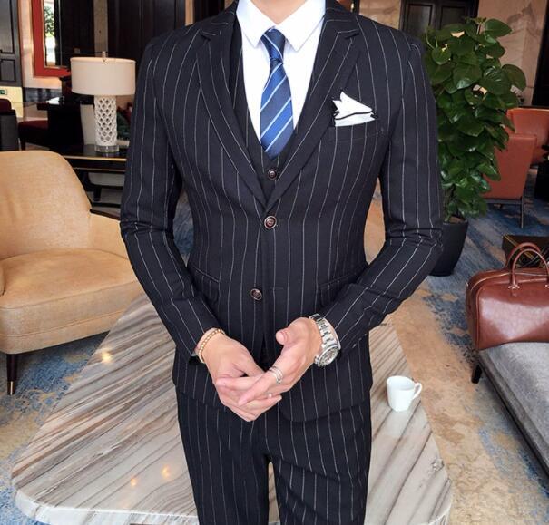 新品 ビジネススーツ メンズ ストライプ柄 スーツセット 二つボタン 三点セット 微ストレッチ スリム 細身 結婚式 ブラック S~4XL拍卖