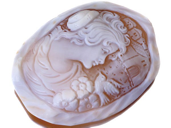 【ジュエリー極】作家品 サイン刻印有 お洒落な女性と小鳥と花の彫刻 高級シェルカメオルース 71.3mm×55.2mm w5068i【送料無料】拍卖