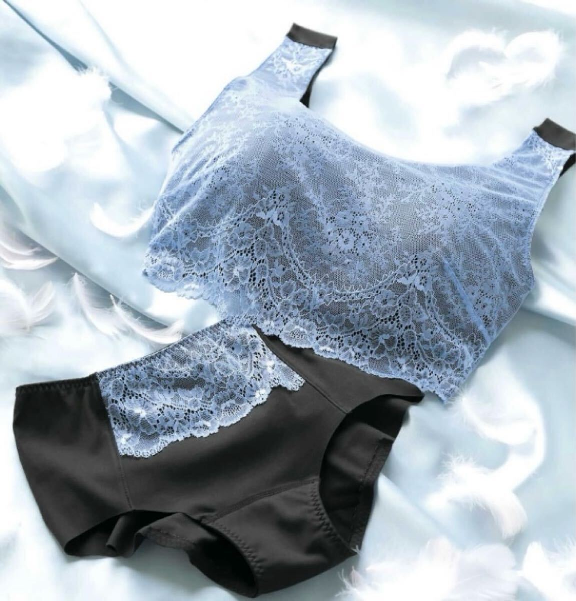 再↓新品未使用★Wingウイング★可愛いレース付きブラジャー&ショーツセット M 4点 定価7260円 ブラック× ブルー ワコール リラックス拍卖