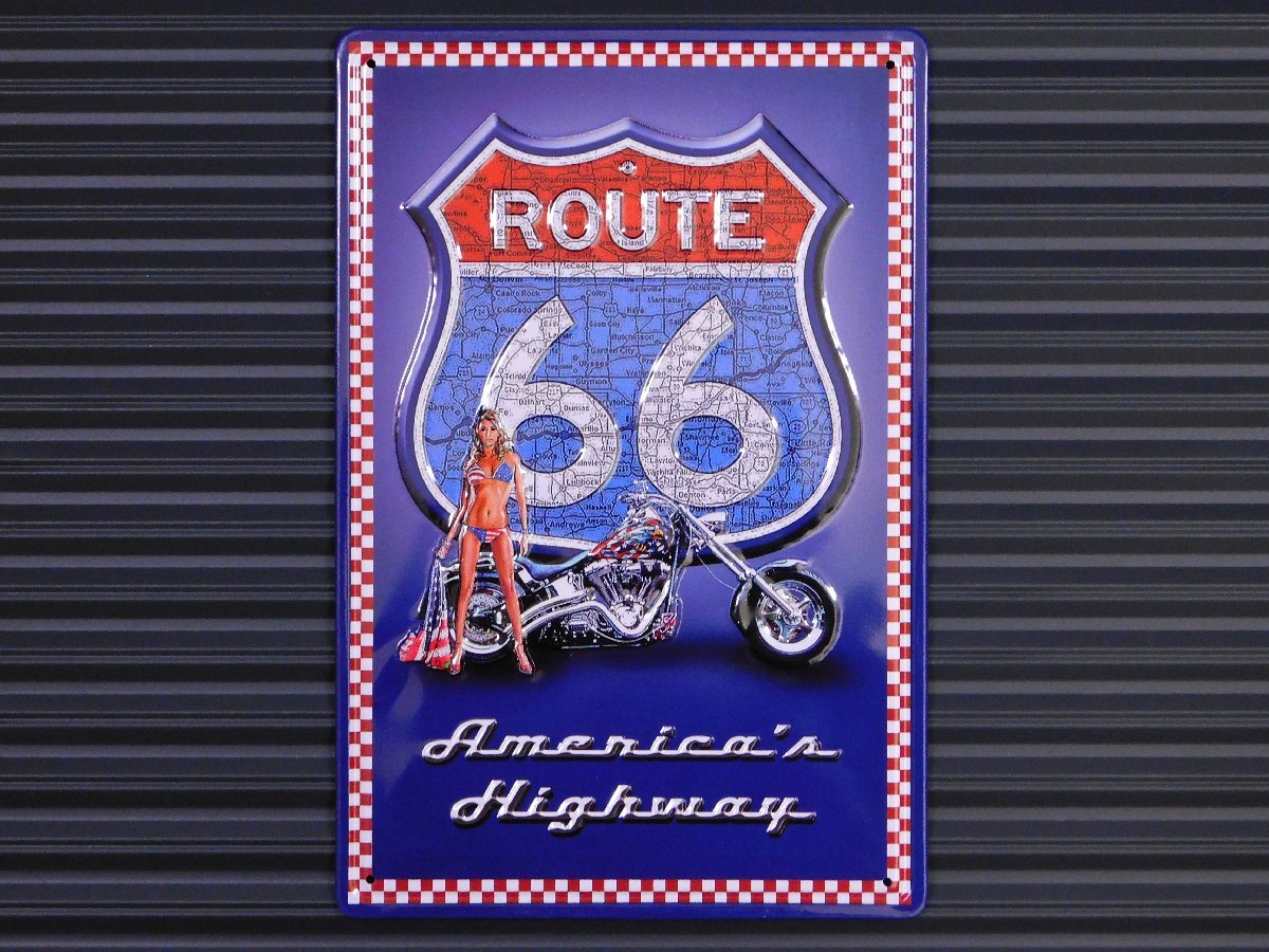 ◆送料\185◆【AMERICA'S HIGHWAY】※《エンボスメタルサイン / 300×200mm》 アメリカン雑貨 エンボス看板 ブリキ看板 セクシー美女拍卖