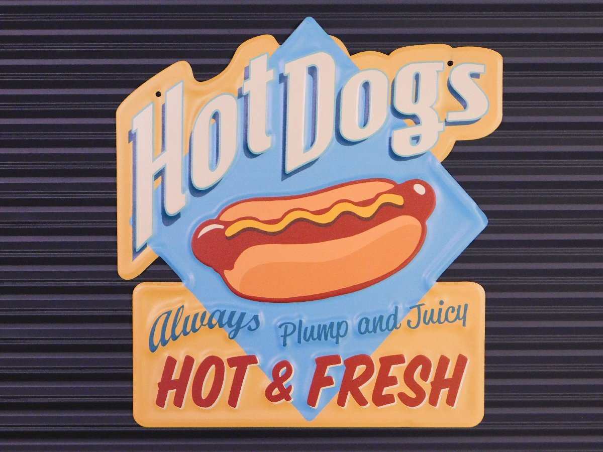 【Plump and Juicy Hot Dogs・ホットドッグ】※《エンボスメタルサイン》 アメリカン雑貨 エンボス看板 ブリキ看板 146拍卖
