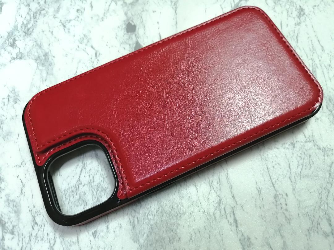 送料込み iPhone14/13用 ケース シンプル無地 カード入れ背面手帳型 レッド紅色拍卖
