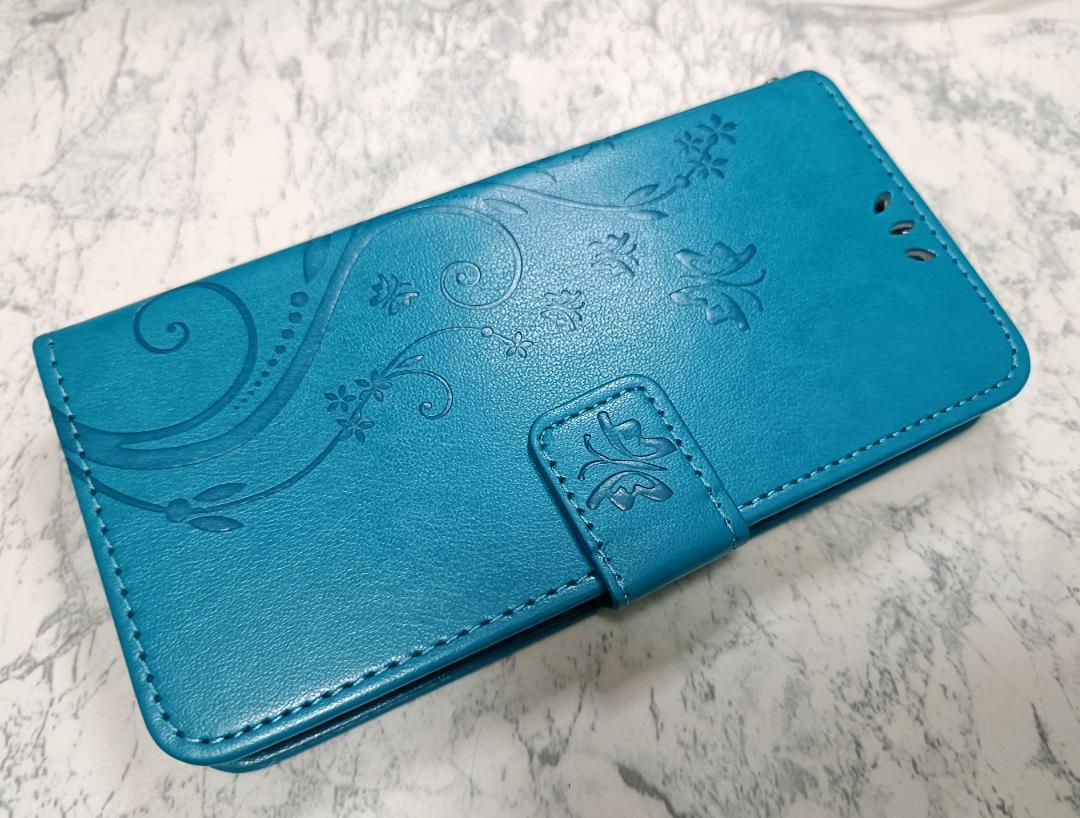 送料込み Galaxy S22 用 ケース 手帳型 草花 蝶 エンボス ブルー 青色拍卖