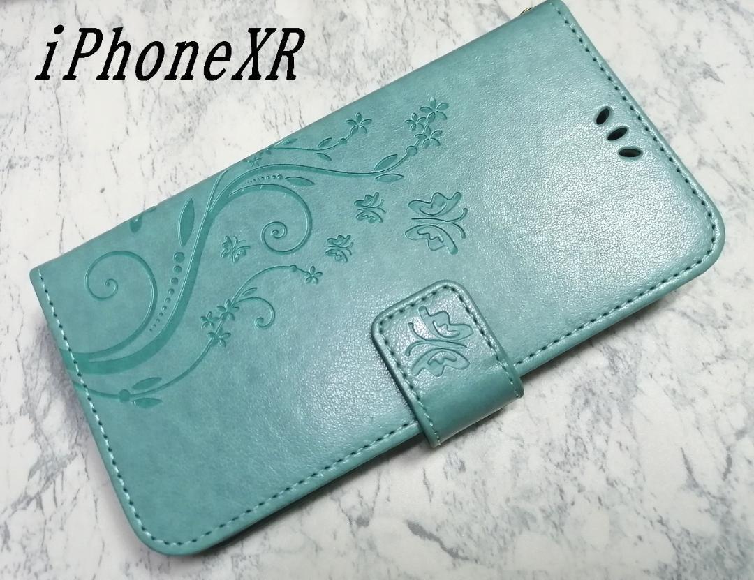 送料込み 手帳型 iphoneXR 用 ケース 草花 蝶 エンボス グリーン 緑色拍卖