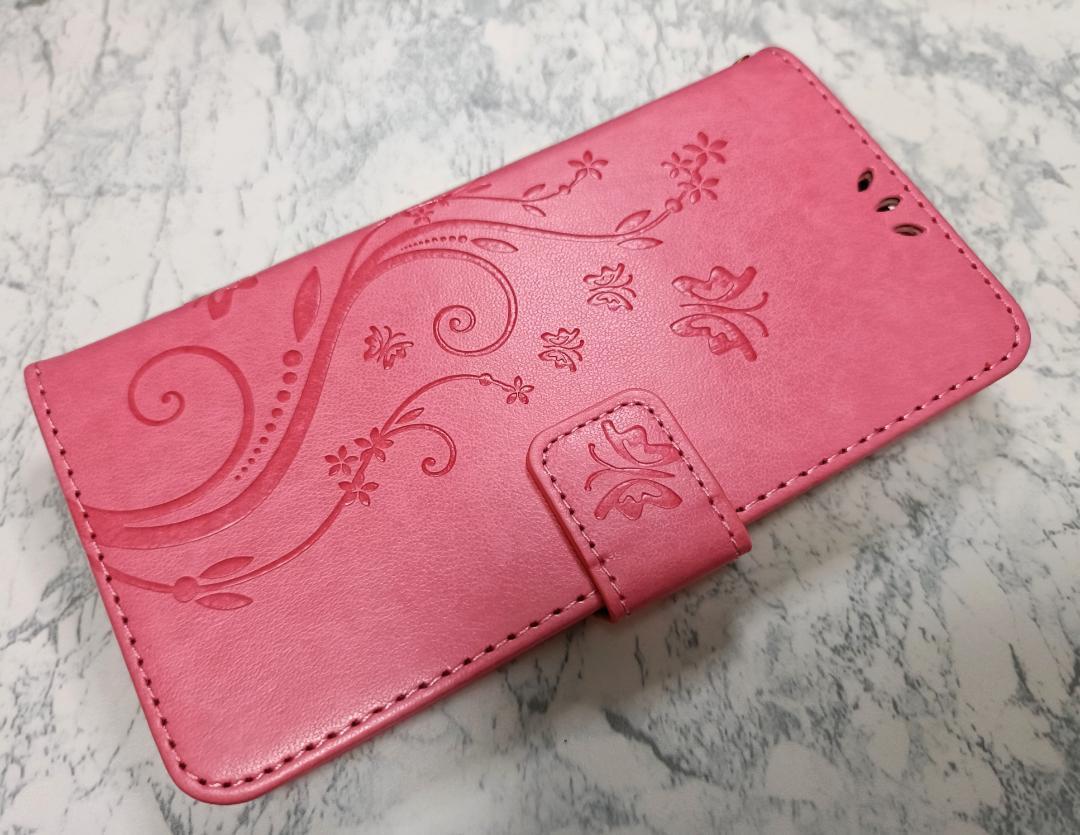 送料込み Galaxy S22 用 ケース 手帳型 草花 蝶 エンボス ピンク拍卖