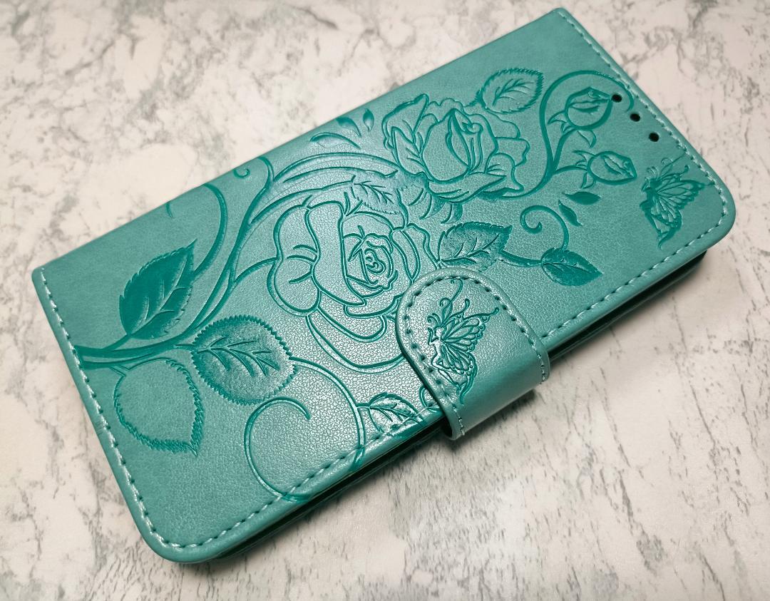 送料込み iPhone13 用 スマホケース 手帳型 薔薇蝶リーフ グリーン 緑色拍卖
