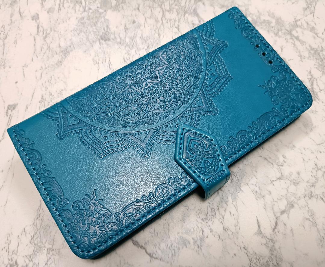 送料込み Galaxy S23 用 スマホケース 手帳型 浮彫 曼荼羅 ブルー 青色拍卖